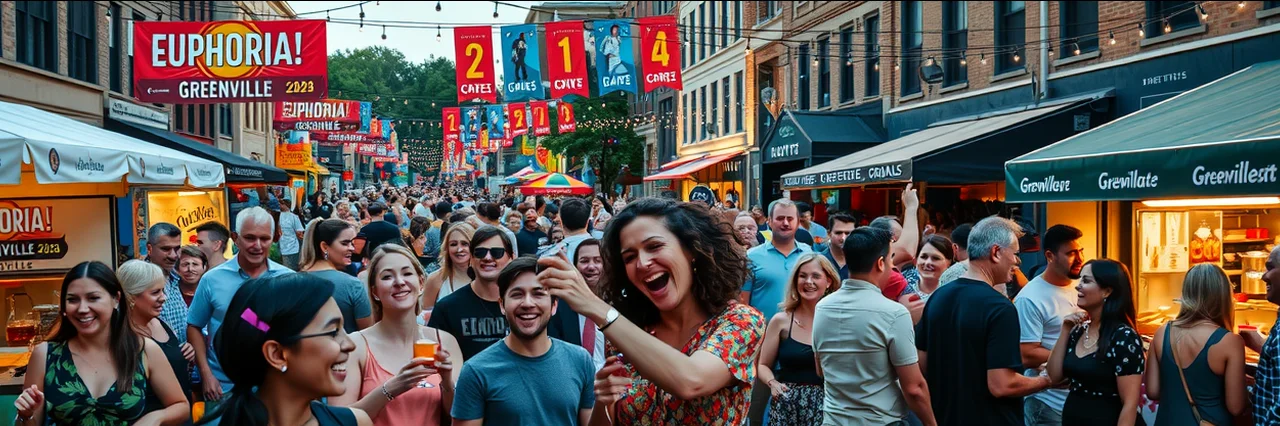 Colorful crowd at Euphoria Greenville 2026 festival enjoying food and music downtown.