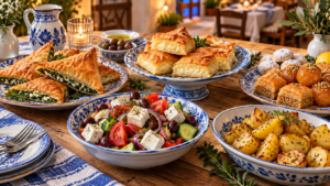 Greek dishes including spanakopita, tiropita, Greek salad, lemon potatoes, olives, and pastries arranged on a blue-and-white table.