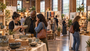 Editorial illustration of visitors browsing handmade art inside a historic Greenville textile mill